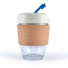 Reusable cup with cork sleeve, white lid, and blue straw, isolated on white background.