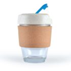 Reusable cup with a cork sleeve, blue lid and straw, on a white background.