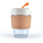 Reusable glass coffee cup with a cork sleeve and white lid, featuring an orange sipper.
