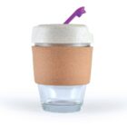 Reusable glass cup with cork sleeve, white lid, and purple straw.