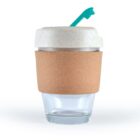 Reusable glass cup with a cork sleeve, white lid, and teal straw.