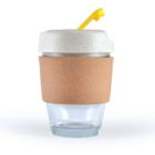 Reusable glass cup with cork sleeve, white lid, and yellow straw against a white background.