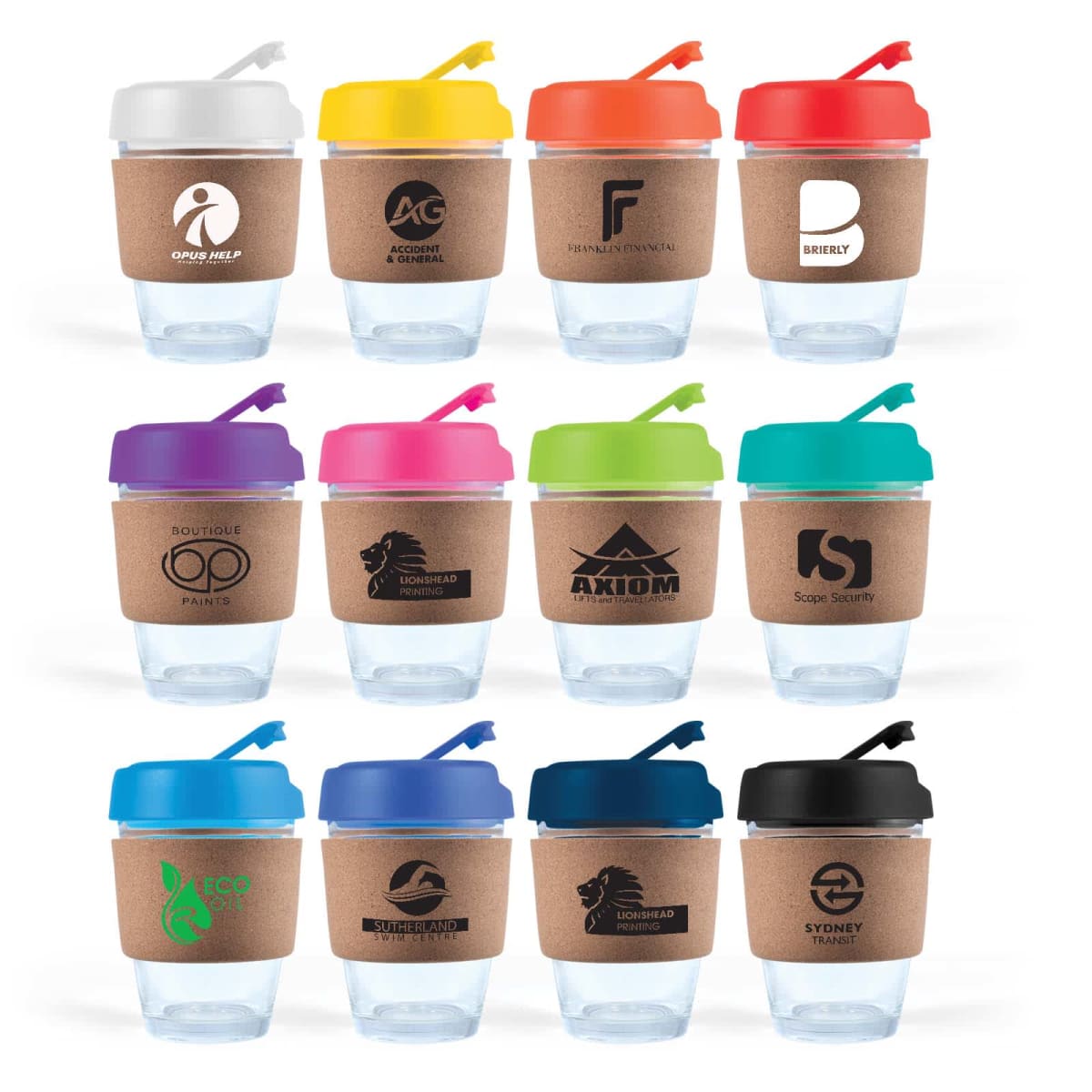 Reusable cups with cork sleeves, various logos, and colored lids and straws.