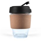 Reusable coffee cup with a black lid and cork sleeve.
