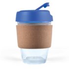 Reusable cup with a blue lid and cork sleeve.