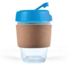 Reusable cup with a blue lid and cork sleeve.