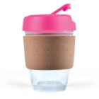 Clear reusable cup with a cork sleeve and pink lid.