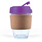 Glass cup with cork sleeve and purple lid.