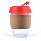 Reusable glass coffee cup with a red lid and brown sleeve.