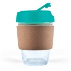 Reusable cup with teal lid and cork sleeve.
