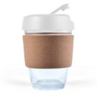 Clear reusable cup with a white lid and brown sleeve.