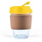 Reusable coffee cup with a yellow lid and a cork sleeve.