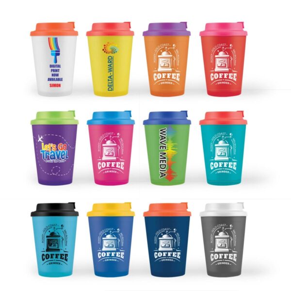 Colorful reusable coffee cups with various designs and logos.