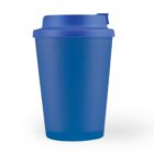 Blue travel mug with a lid, isolated on a white background.