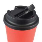 Red travel mug with a black lid and sliding closure.