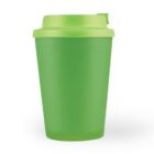 Green reusable coffee cup with a lid on a white background.