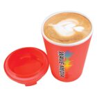Red cup with latte art and separate lid, branded Wave Media.