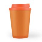 Orange reusable cup with a matching lid on a white background.