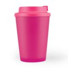 A bright pink reusable coffee cup with a lid on a white background.