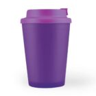 Purple reusable travel mug with a lid, isolated on a white background.
