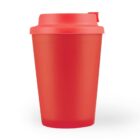 Bright red reusable coffee cup with a matching lid on a plain white background.