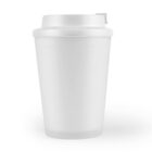 White disposable coffee cup with a lid against a plain background.