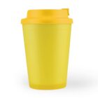 Bright yellow reusable cup with a matching lid on a white background.