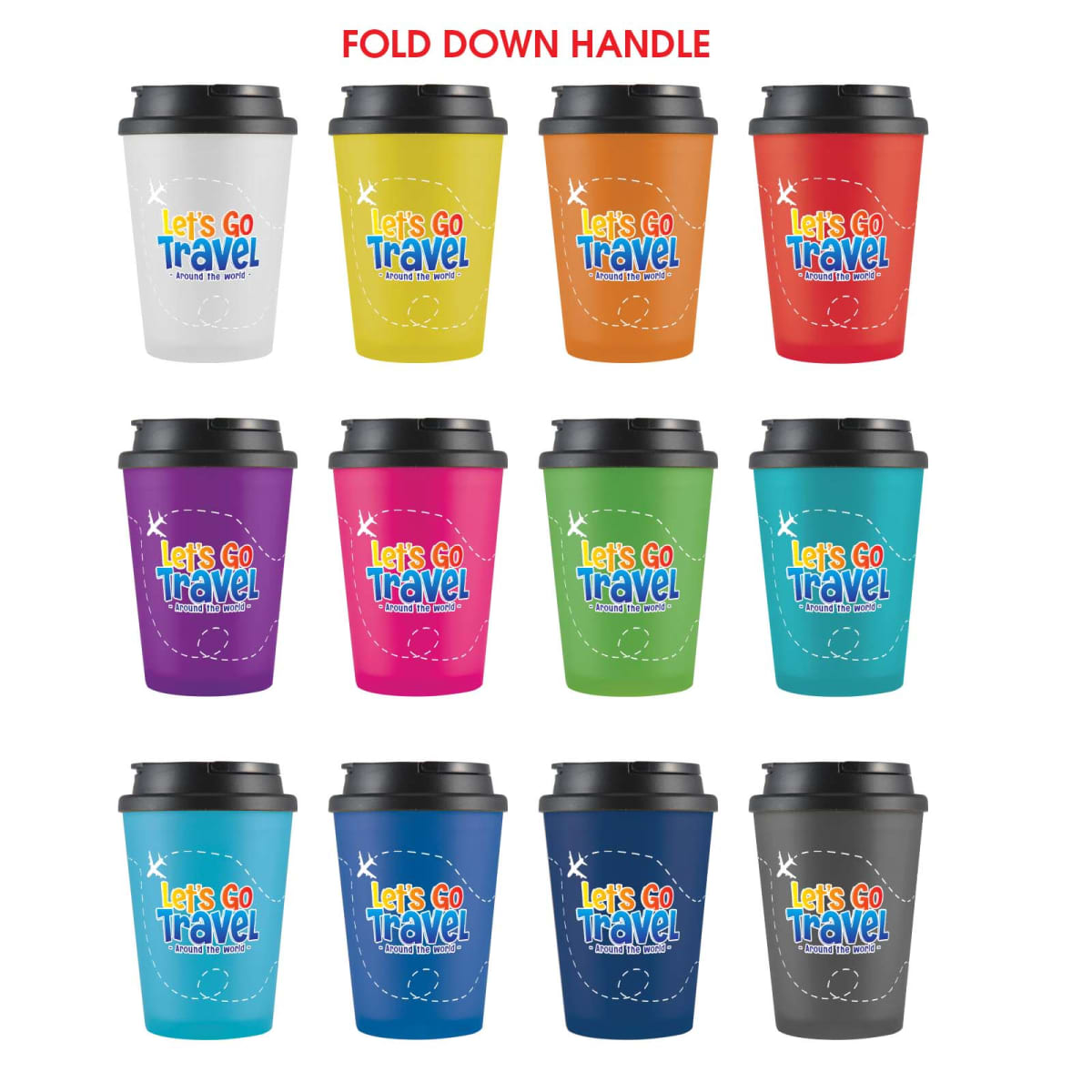 Twelve colorful travel cups with Lets Go Travel text and fold-down handle feature.