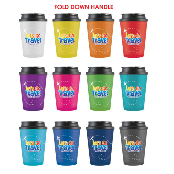 Twelve colorful travel mugs with Lets Go Travel design, arranged in three rows.
