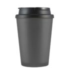 Black reusable travel coffee cup with a closed lid.