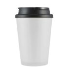 White travel mug with black lid against a plain background.