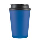 Blue reusable coffee cup with a black lid.