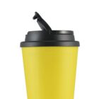 Yellow travel mug with black lid and open spout, against a white background.