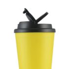Yellow travel mug with a black flip-top lid.