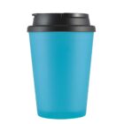Blue reusable coffee cup with a black lid.