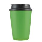 Green reusable travel mug with a black lid.