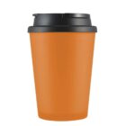 Orange reusable coffee cup with a black lid against a white background.