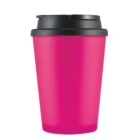 Bright pink travel mug with a black lid.