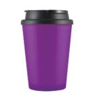 Purple reusable coffee cup with a black lid.