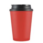 A red reusable travel mug with a black lid.