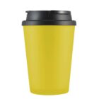 Yellow reusable coffee cup with a black lid.