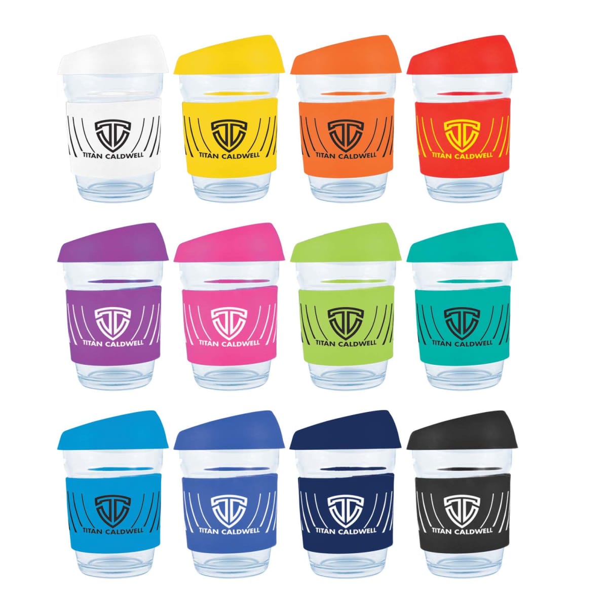 Twelve colorful drinking cups with lids and branded logo sleeves arranged in rows.