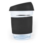 Clear tumbler with black lid and grip sleeve.