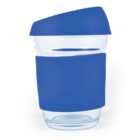 Clear glass cup with blue silicone lid and grip.