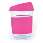 Clear glass with pink silicone grip and matching pink lid.