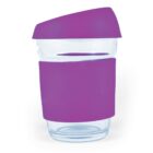 Glass cup with purple silicone lid and grip.