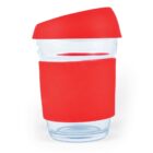 Clear glass with red silicone lid and sleeve.