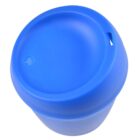 Blue reusable cup with a lid, seen from above on a white background.