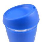 Blue reusable travel mug with a silicone lid.