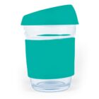 Clear cup with teal lid and grip band.